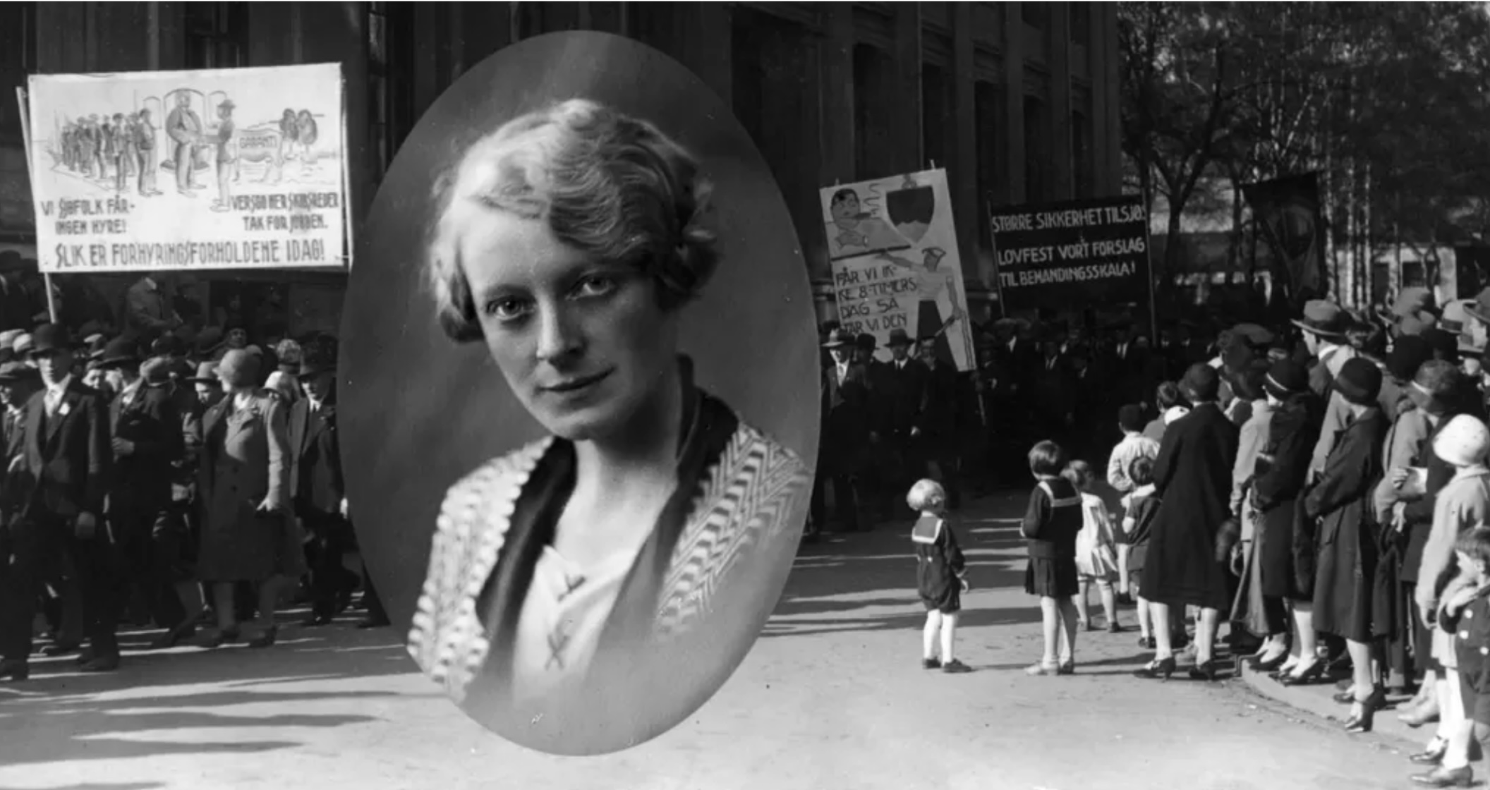 Sort-hvitt bilde av 1. maitog fra ca. 1930 med et uthevet bilde av Johanne Rautz i forgrunn. Foto.