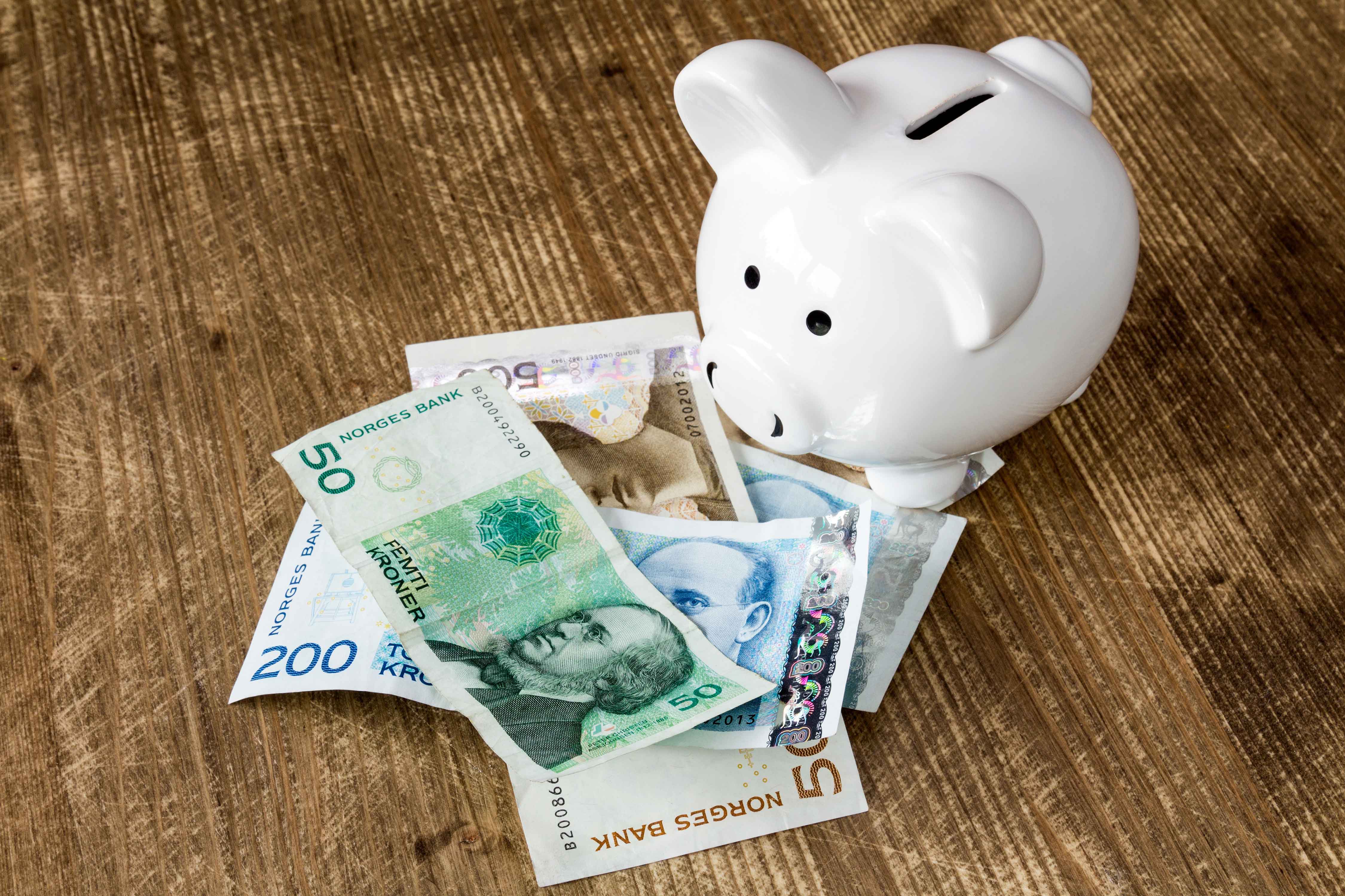 Bilde av sparegris og penger. 