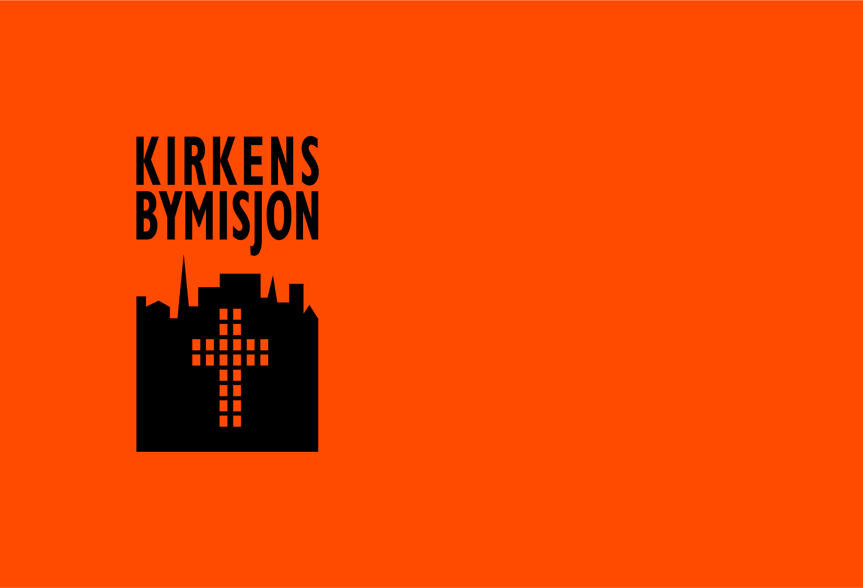Kirkens bymisjonslogo i svart på oransje bakgrunn.