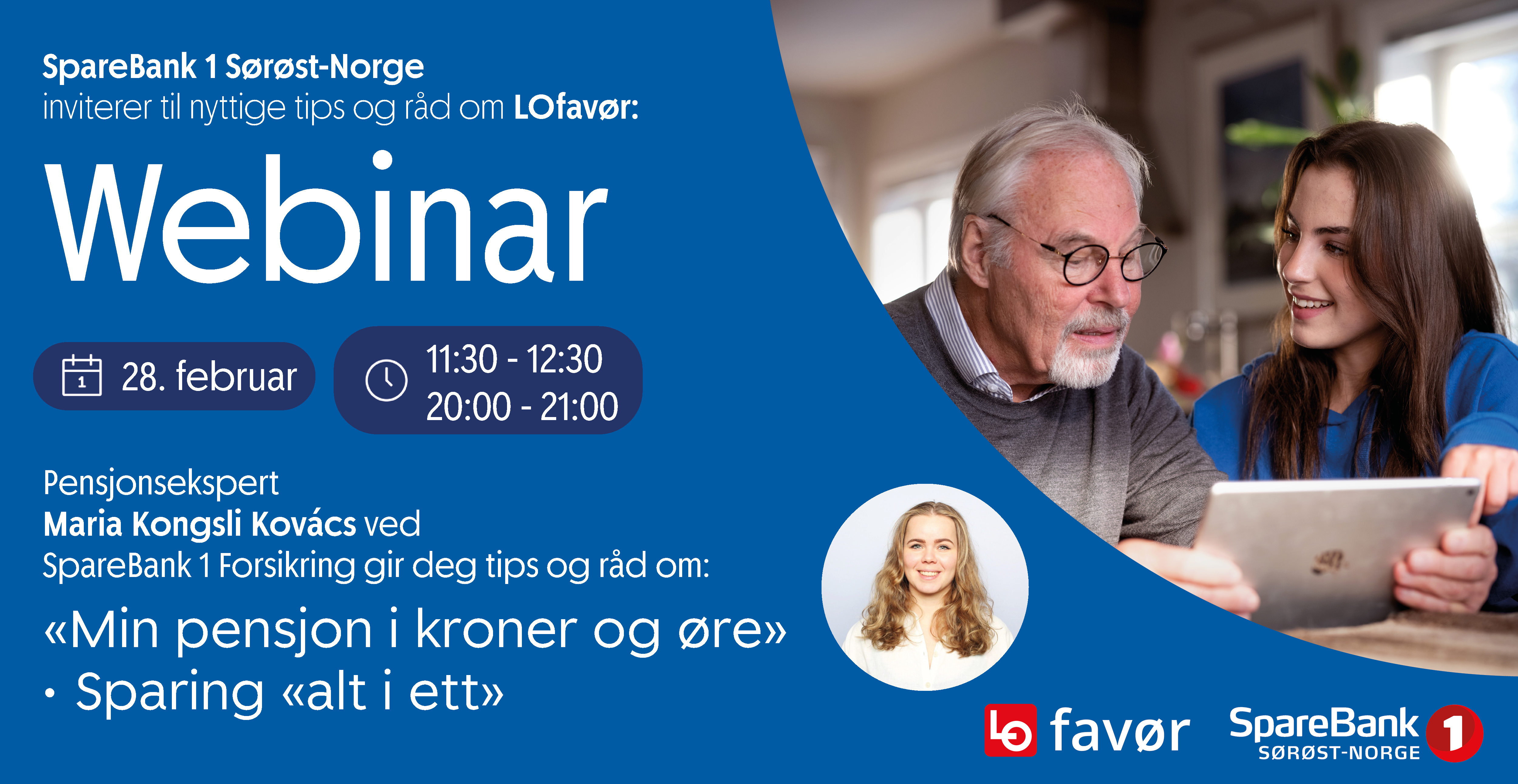 Invitasjonen til webinaret med to voksne som ser på en pc. Tidspunkt og tema er presentert samt et bilde av innleder.