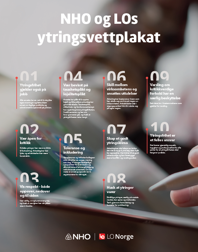 Ytringsvettplakat med 10 tips til ytringsfrihet på arbeidsplassen. Illustrasjon.