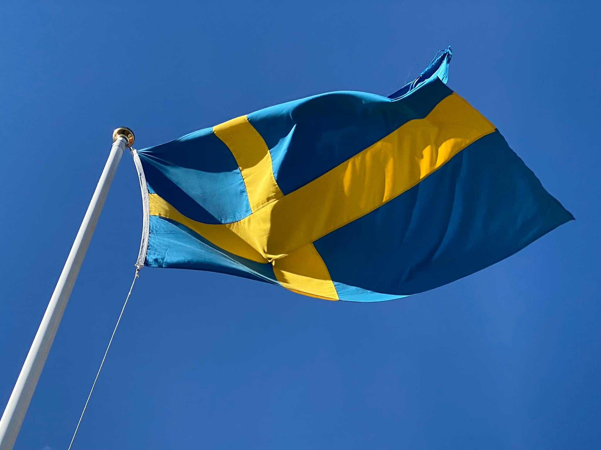 Svensk flagg vaier i vinden 