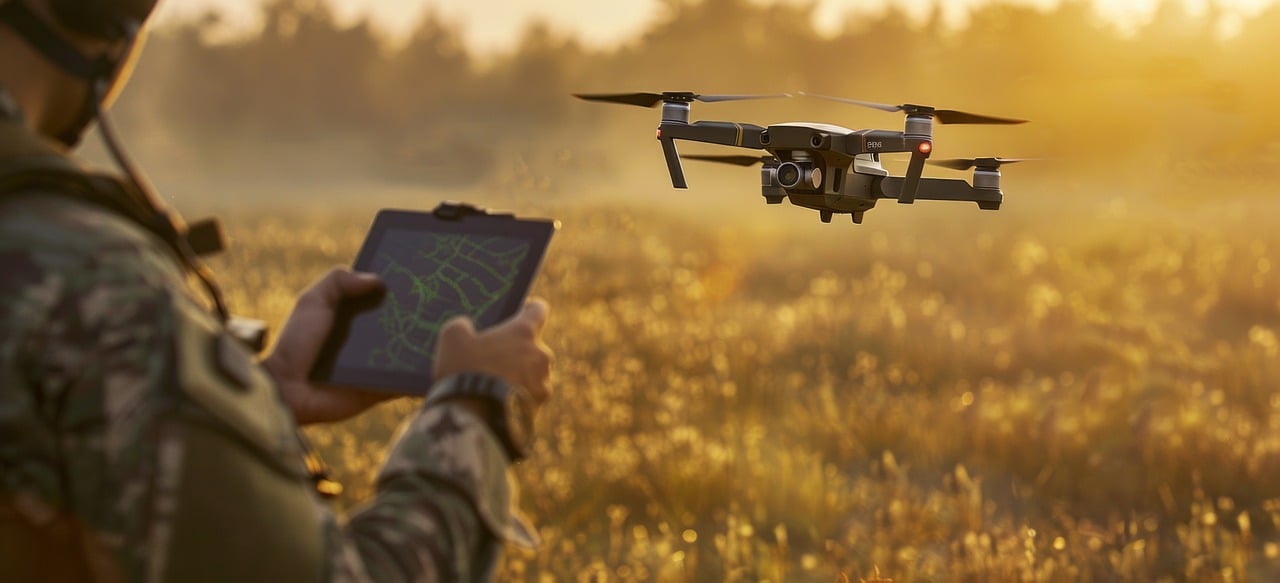 Militært personell styrer en drone lavt over bakken. Foto