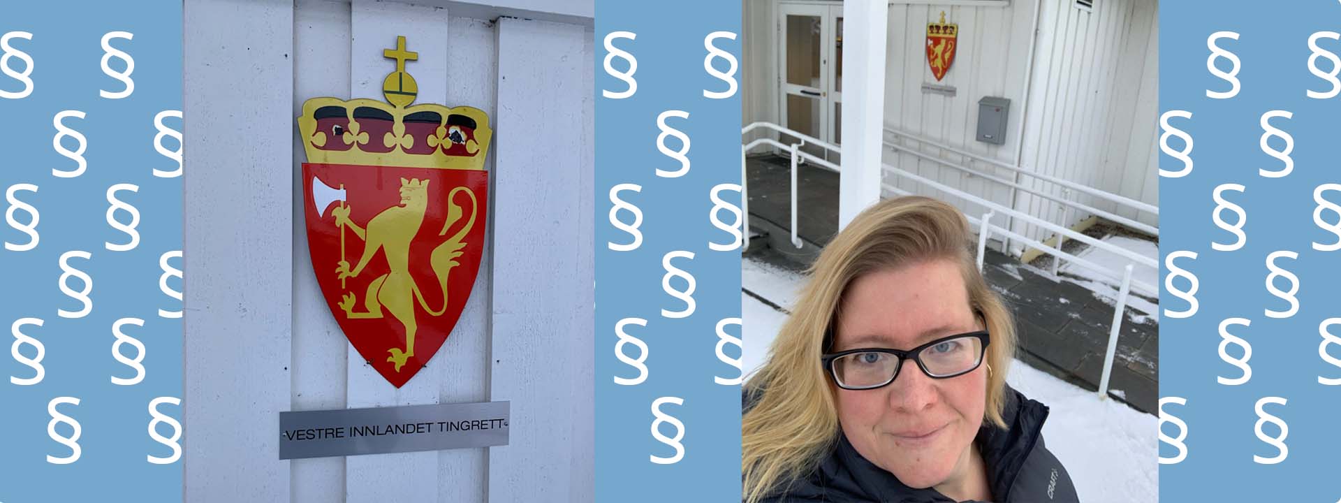 Våpenskjold med riksløven, Tingrett i Vestre Innland og Grethe Eng Hagen på vei inn til arbeidsrettssak.