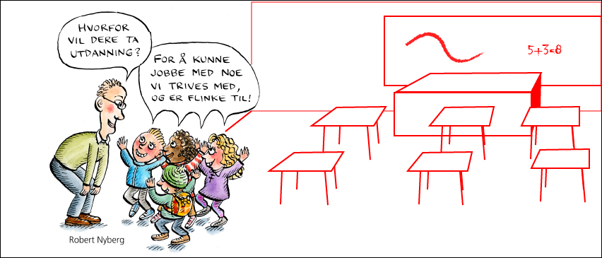 Tegning av lærer som snakker med glade elever.