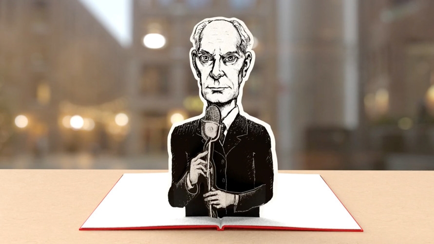 Grafisk tegning av Einar Gerhardsen som taler i mikrofon. Grafikk.