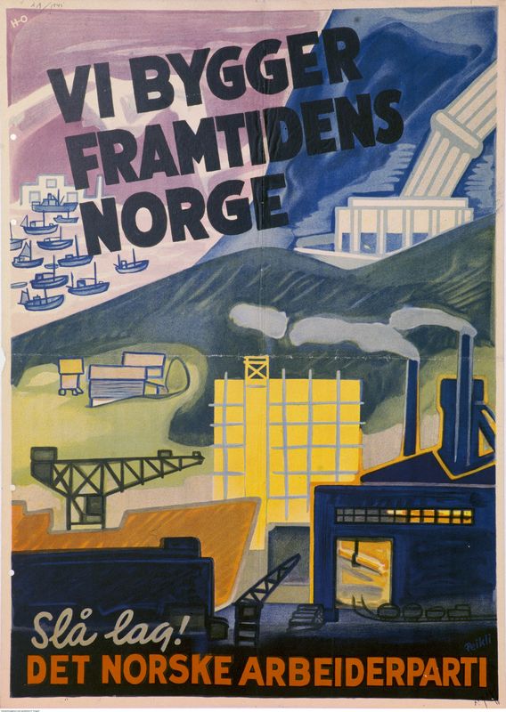Bildet viser en valgplakat fra 1945 hvor det står "Vi bygger framtidens Norge", tegnet av Dagfin Peikli.