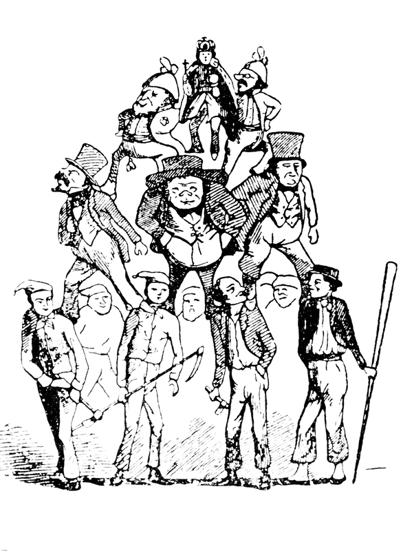 Bildet viser det norske klassesamfunnet anno 1850, slik det ble framstilt i Arbeider-Foreningenes Blad. Det er en pyramide av folk som står på hverandres skuldre. Nederst er arbeiderklassen, på deres skuldre står borgerskapet, oppå der igjen står embetsveldet, og på toppen står kongeveldet.