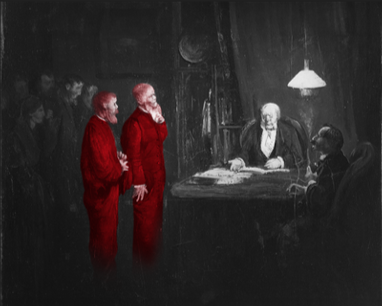 Bildet viser maleriet "Streik" av Theodor Kittelsen fra 1879. Vi ser arbeidere troppe opp hos ledelsens kontor, kuede og fryktsomme, i møte med dem som hadde penger og makt. 